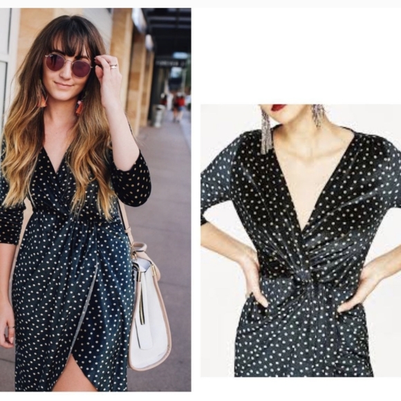 Zara Navy Cream Polka Dot Velvet V-Neck  Faux Wrap Tulip Hem Midi Dress Sz Small - Picture 2 of 7